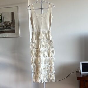 Fun Cream Sleeveless Dress with Fringe skirt